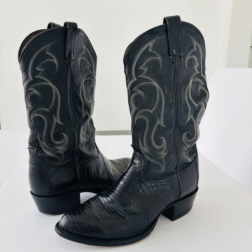 Vintage Tony Lama Black Teju Lizard Exotic Cowboy Boots Men's Size 9 EE Western